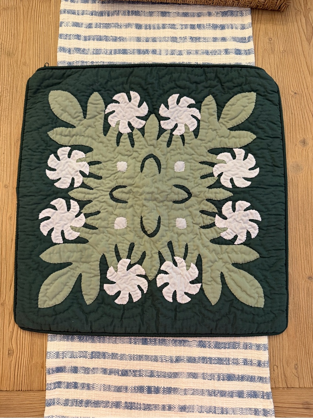 Hand stitched Hawaiian Pillow Cover Greens White 18x18